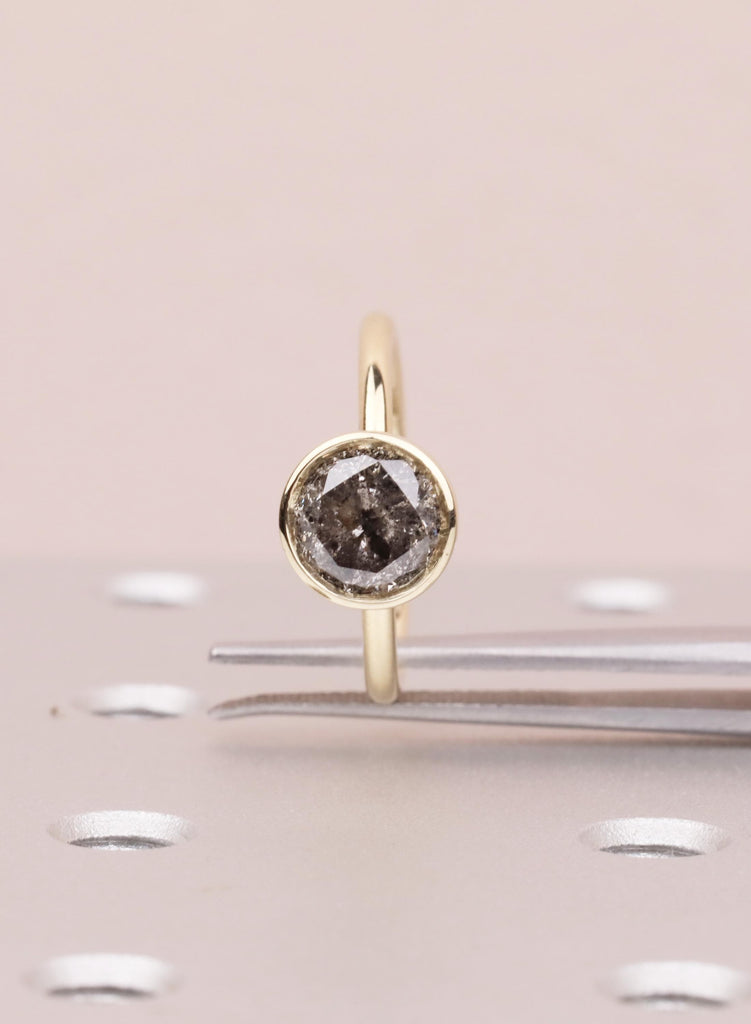 14K Yellow Gold Salt and Pepper Diamond Engagement Ring, Tulip Setting Flower Round Cut Solitaire Diamond Lotus Floral Proposal Ring For Her image #10