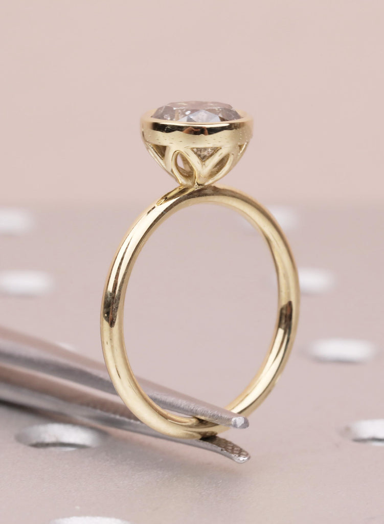 14K Yellow Gold Salt and Pepper Diamond Engagement Ring, Tulip Setting Flower Round Cut Solitaire Diamond Lotus Floral Proposal Ring For Her image #12