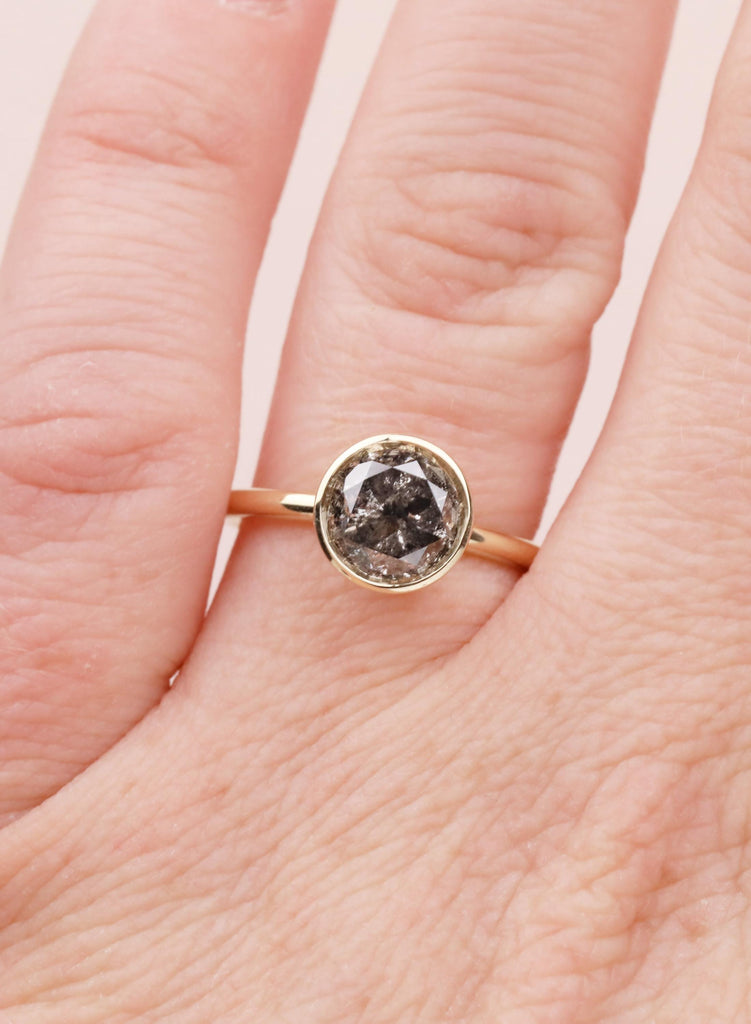 14K Yellow Gold Salt and Pepper Diamond Engagement Ring, Tulip Setting Flower Round Cut Solitaire Diamond Lotus Floral Proposal Ring For Her image #14