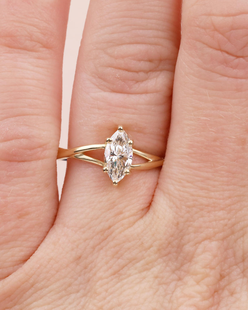 Marquise Moissanite Engagement Ring, Solitaire 14k Gold Promise Ring for Her, Split Shank Twisted Wedding Band, Minimalist Anniversary Rings image #13