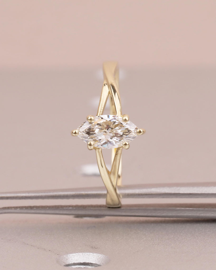 Marquise Moissanite Engagement Ring, Solitaire 14k Gold Promise Ring for Her, Split Shank Twisted Wedding Band, Minimalist Anniversary Rings image #5