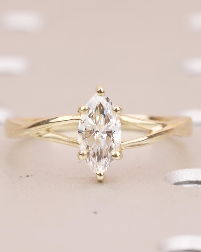 Marquise Moissanite Engagement Ring, Solitaire 14k Gold Promise Ring for Her, Split Shank Twisted Wedding Band, Minimalist Anniversary Rings image #17