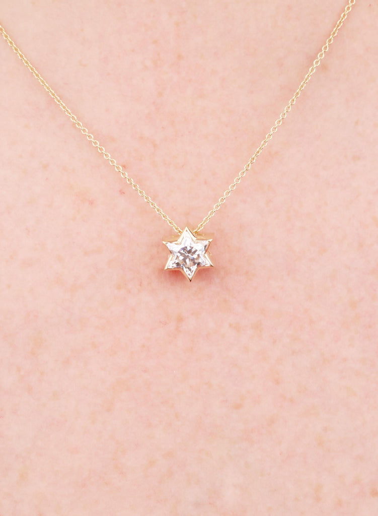 Moissanite Star of David Necklace | 14k Yellow Gold Magen Pendant, Bezel-Set Solitaire Necklace