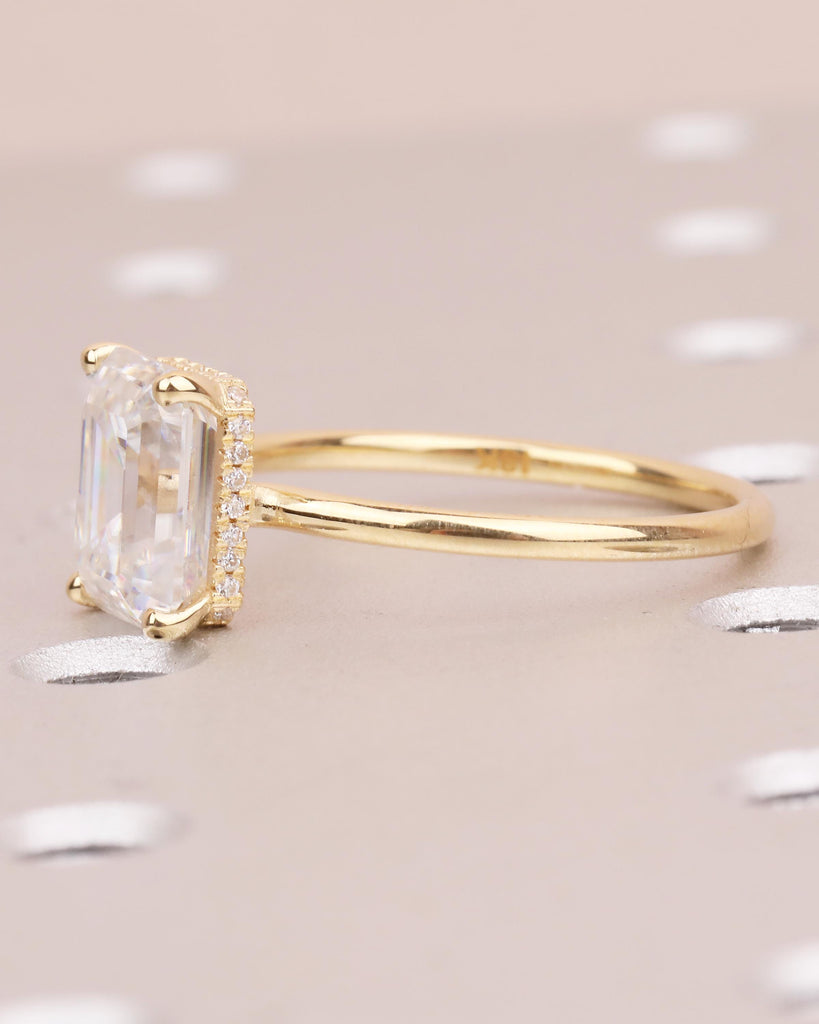 Emerald Cut Engagement Ring, Lab Grown Diamond Hidden Halo Wedding Anniversary Ring, Dainty 18k Solid Gold Statement Ring, Bridal Jewelry image #9