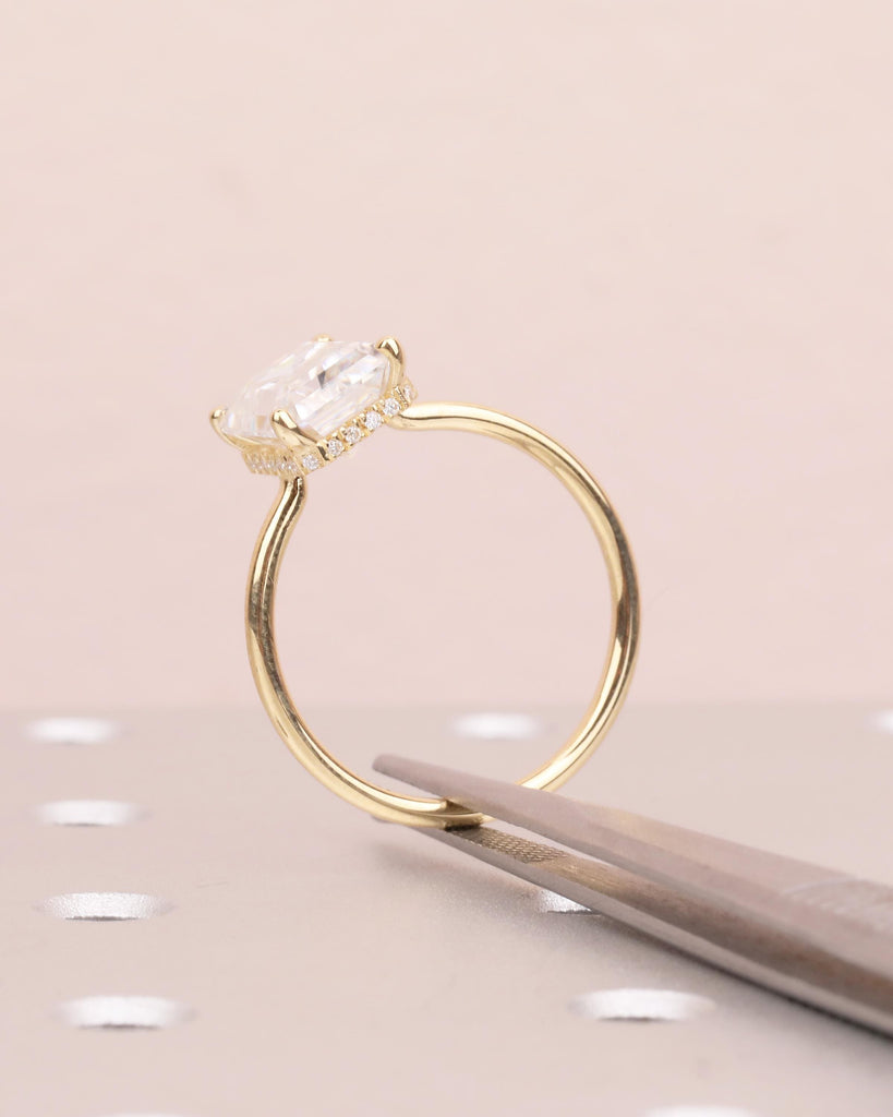 Emerald Cut Engagement Ring, Lab Grown Diamond Hidden Halo Wedding Anniversary Ring, Dainty 18k Solid Gold Statement Ring, Bridal Jewelry image #14