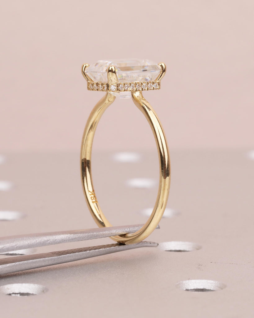 Emerald Cut Engagement Ring, Lab Grown Diamond Hidden Halo Wedding Anniversary Ring, Dainty 18k Solid Gold Statement Ring, Bridal Jewelry image #11