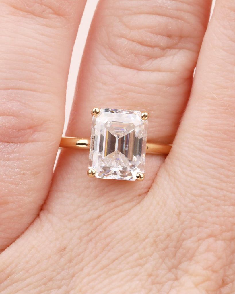 Emerald Cut Engagement Ring, Lab Grown Diamond Hidden Halo Wedding Anniversary Ring, Dainty 18k Solid Gold Statement Ring, Bridal Jewelry image #12