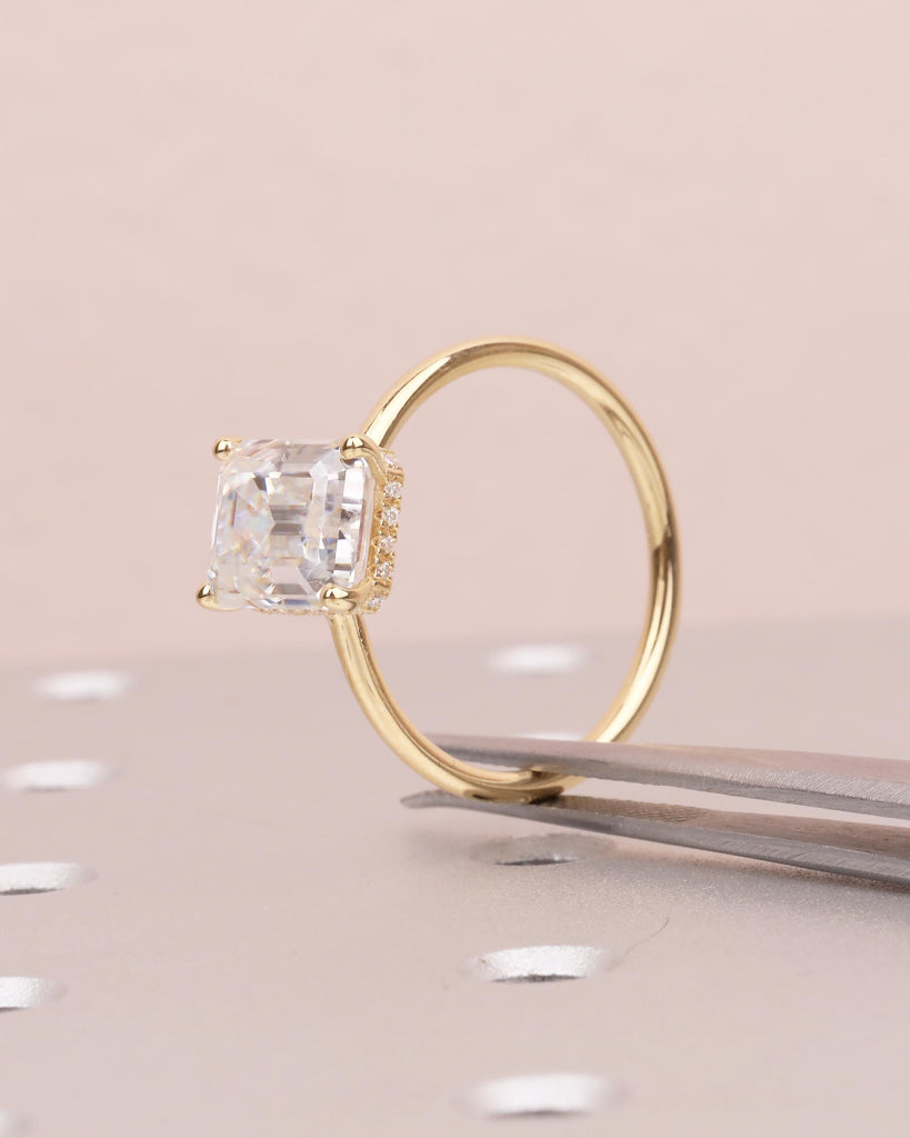 18k Solid Gold Emerald Cut Ring, Hidden Halo Lab Diamond Engagement Ring image #15