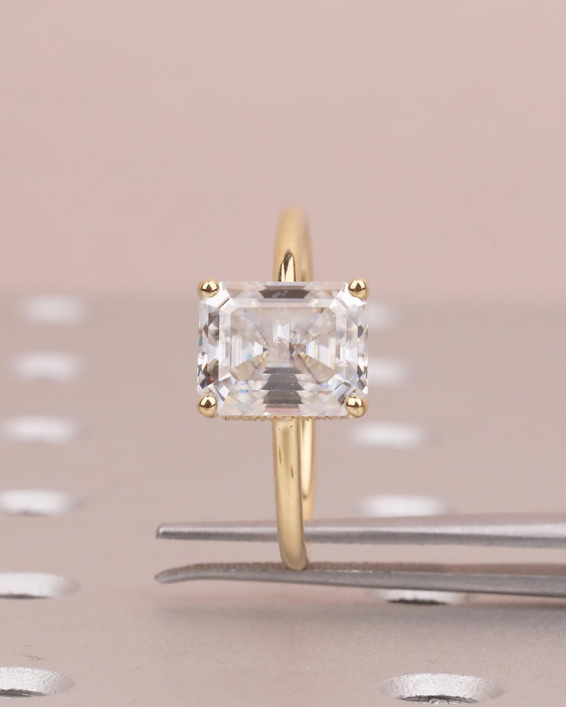 18k Solid Gold Emerald Cut Ring, Hidden Halo Lab Diamond Engagement Ring image #10