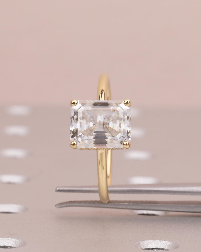 Emerald Cut Engagement Ring, Lab Grown Diamond Hidden Halo Wedding Anniversary Ring, Dainty 18k Solid Gold Statement Ring, Bridal Jewelry image #10