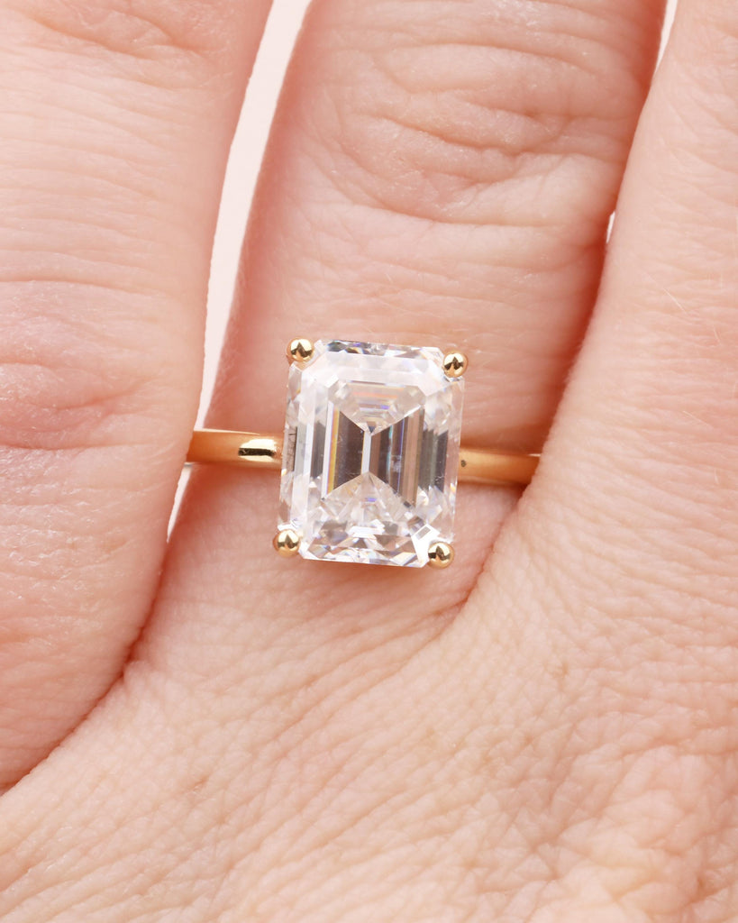 Emerald Cut Moissanite Ring, Solitaire Engagement Ring, 18k Yellow Gold Bezel Set Diamond Hidden Halo Promise Ring for Her, Wedding Jewelry image #12