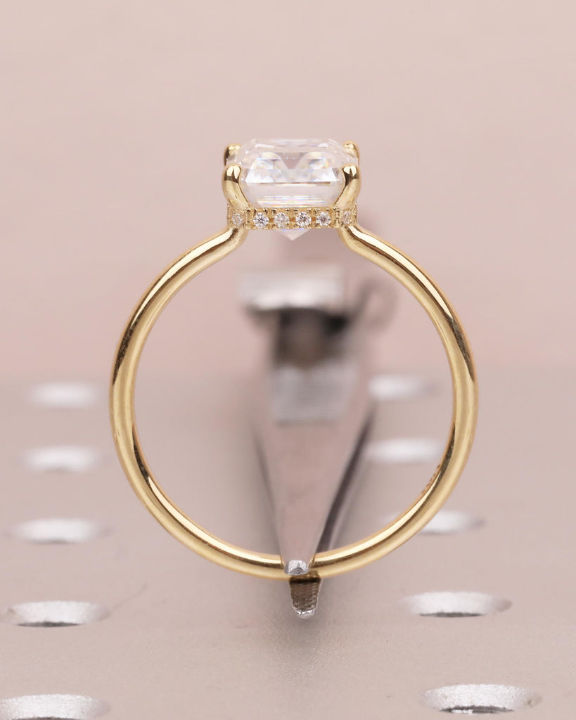Emerald Cut Moissanite Engagement Ring, 18k Solid Gold Diamond Hidden Halo Ring image #7
