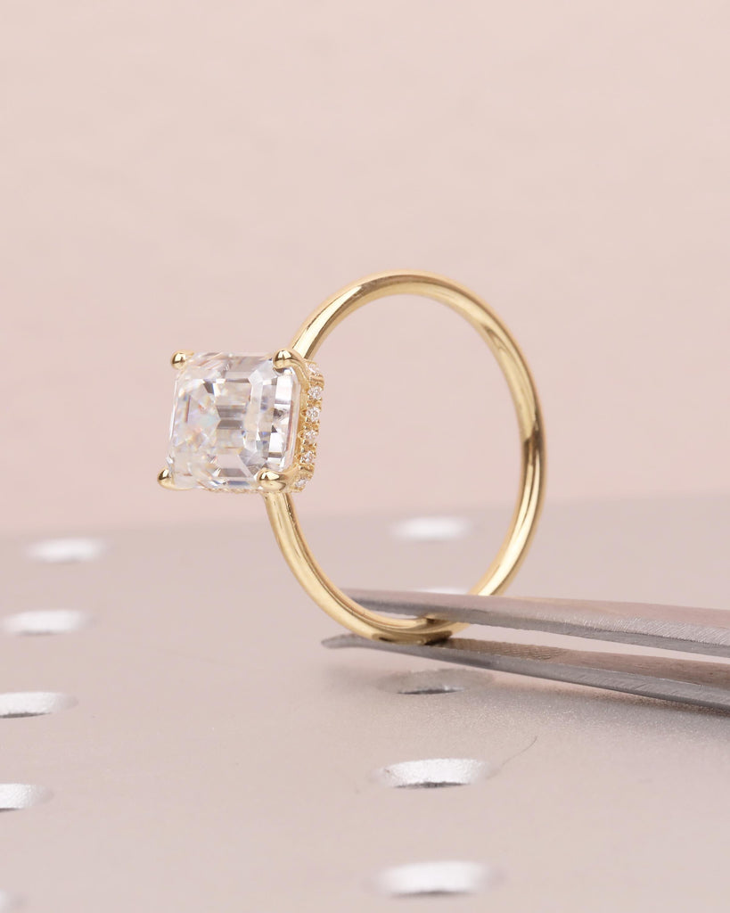 Emerald Cut Moissanite Engagement Ring, 18k Solid Gold Diamond Hidden Halo Ring image #15