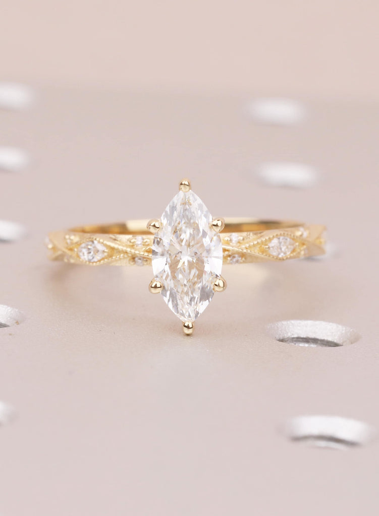 Art Deco Marquise Lab Diamond Engagement Ring, 18K Yellow Gold Classic Milgrain IGI Certified Ethical Diamond Handmade Wedding Proposal Ring