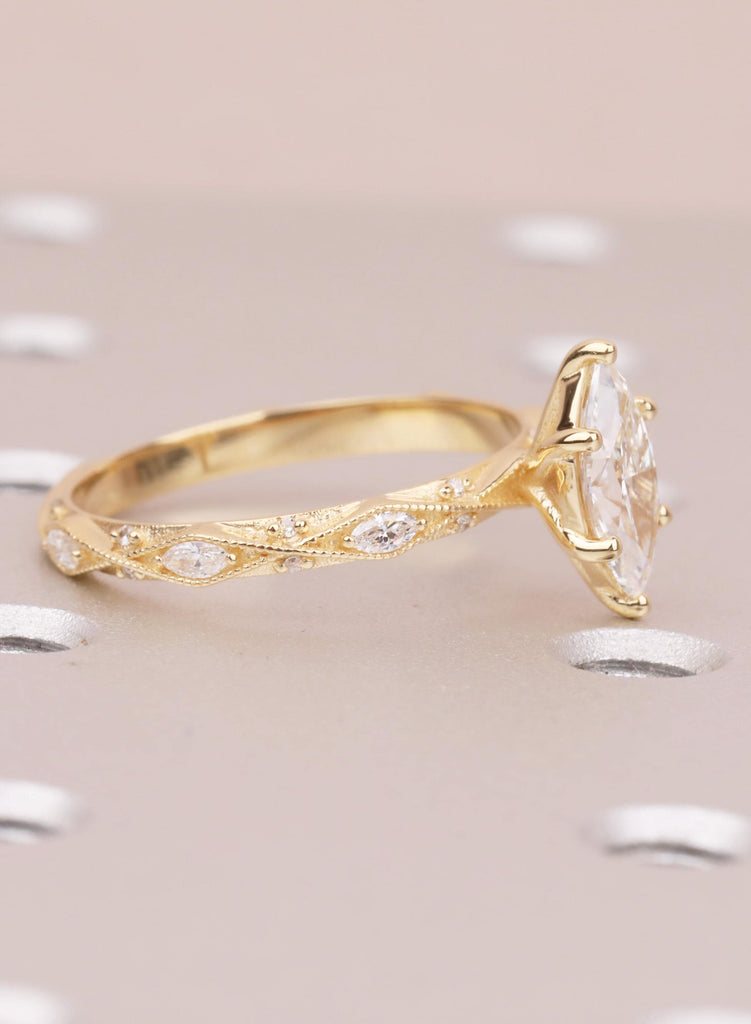 Art Deco Marquise Lab Diamond Engagement Ring, 18K Yellow Gold Classic Milgrain IGI Certified Ethical Diamond Handmade Wedding Proposal Ring image #5