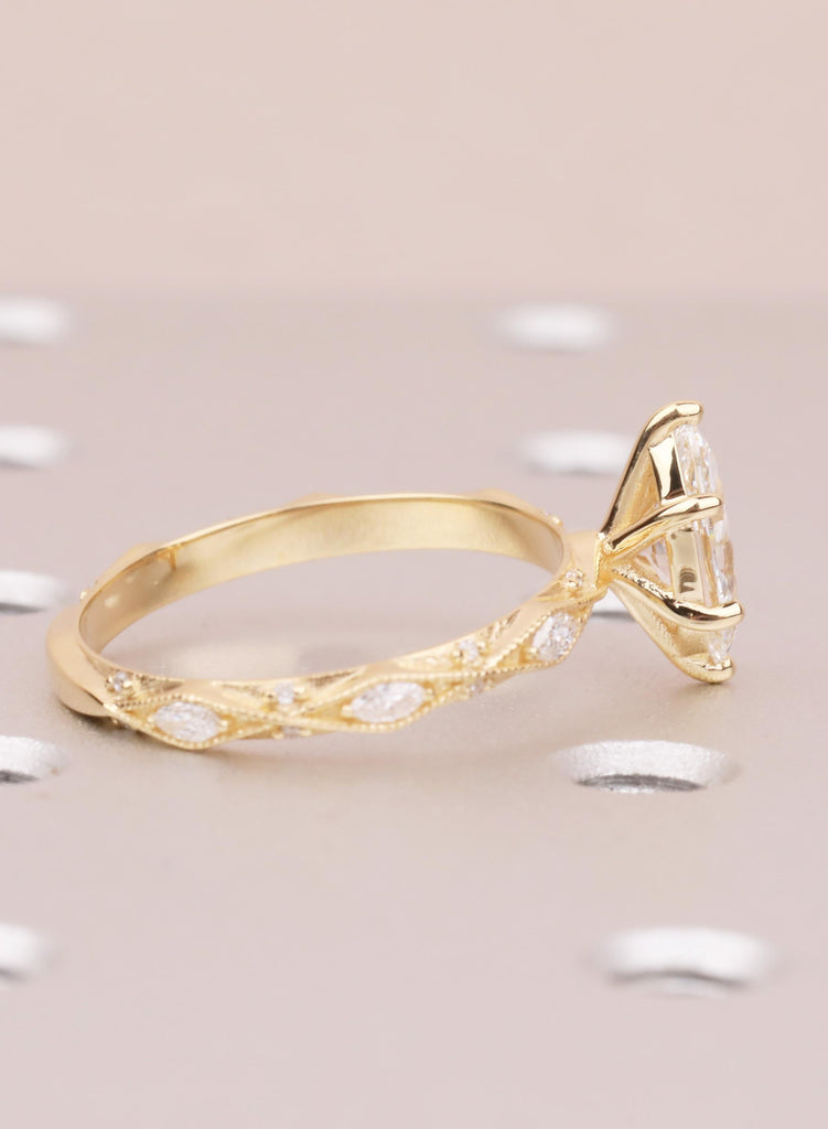 Art Deco Marquise Lab Diamond Engagement Ring, 18K Yellow Gold Classic Milgrain IGI Certified Ethical Diamond Handmade Wedding Proposal Ring image #6
