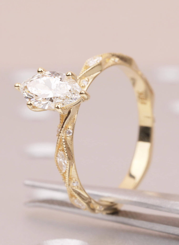 Art Deco Marquise Lab Diamond Engagement Ring, 18K Yellow Gold Classic Milgrain IGI Certified Ethical Diamond Handmade Wedding Proposal Ring image #2