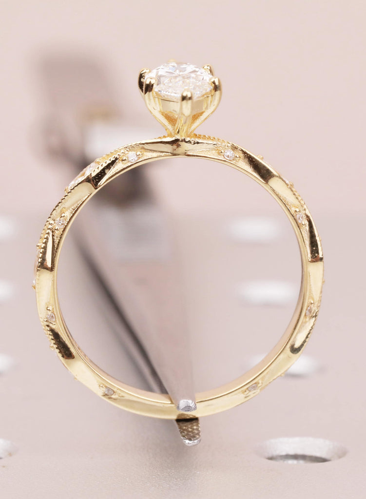 Art Deco Marquise Lab Diamond Engagement Ring, 18K Yellow Gold Classic Milgrain IGI Certified Ethical Diamond Handmade Wedding Proposal Ring image #10