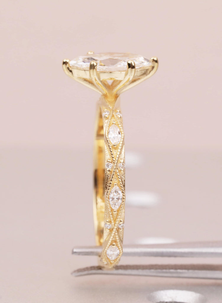 Art Deco Marquise Lab Diamond Engagement Ring, 18K Yellow Gold Classic Milgrain IGI Certified Ethical Diamond Handmade Wedding Proposal Ring image #12