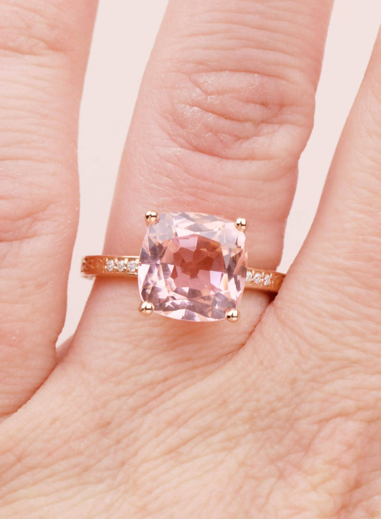 Antique Style Square Blush Beryl Bridal Ring, Ornate Handcrafted 14k/18K Solid Gold, Lab Morganite Engagement Ring