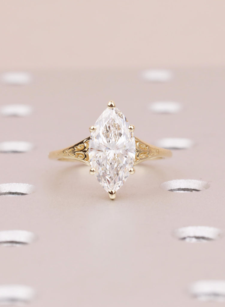 Vintage Style Lab Grown Diamond Ring, 14K Yellow Gold Filigree Victorian Heirloom Marquise Engagement Ring image #2