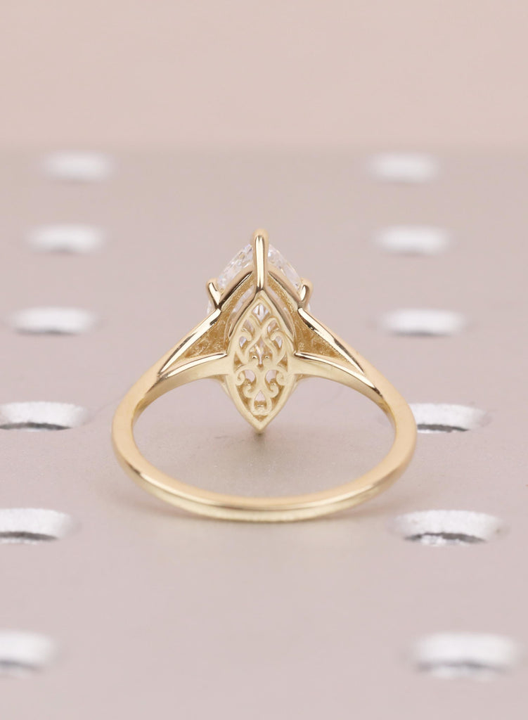 Marquise Lab Diamond Engagement Ring, Vintage Inspired Victorian Heirloom Filigree Wedding Anniversary Ring, 14K Yellow Gold Rings For Woman image #4