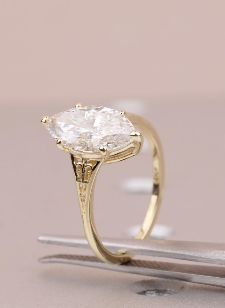 Marquise Lab Diamond Engagement Ring, Vintage Inspired Victorian Heirloom Filigree Wedding Anniversary Ring, 14K Yellow Gold Rings For Woman image #9