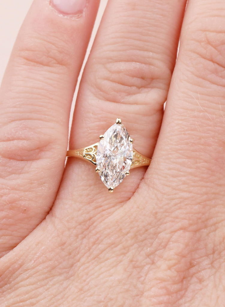 Marquise Lab Diamond Engagement Ring, Vintage Inspired Victorian Heirloom Filigree Wedding Anniversary Ring, 14K Yellow Gold Rings For Woman image #14