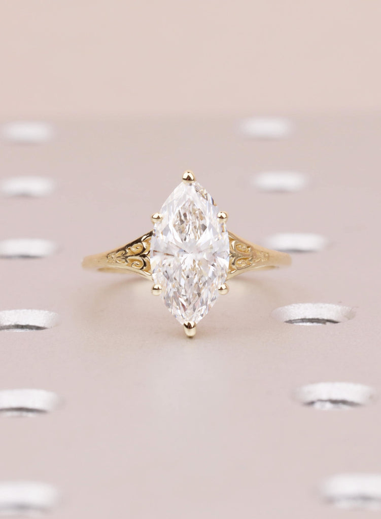 Victorian Marquise Moissanite Engagement Ring, 14K Yellow Gold Filigree Wedding Ring, Vintage Heirloom Bridal Ring, Art Deco Antique Ring image #4