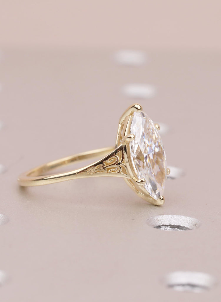 Victorian Marquise Moissanite Engagement Ring, 14K Yellow Gold Filigree Wedding Ring, Vintage Heirloom Bridal Ring, Art Deco Antique Ring image #5