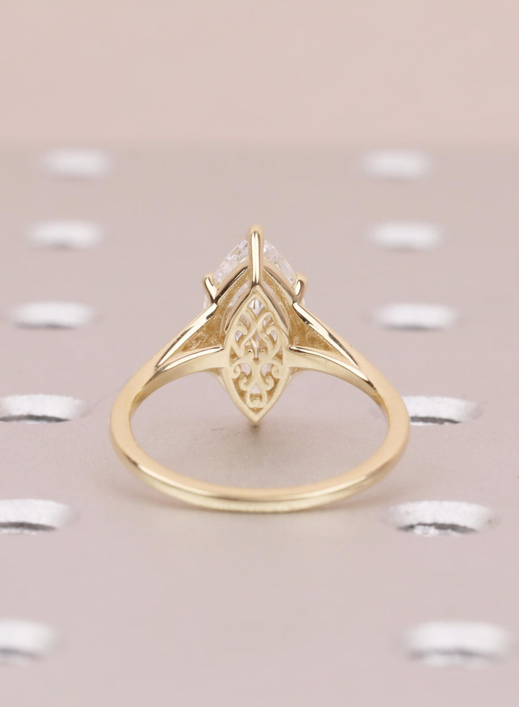 Victorian Marquise Moissanite Engagement Ring, 14K Yellow Gold Filigree Wedding Ring, Vintage Heirloom Bridal Ring, Art Deco Antique Ring image #7