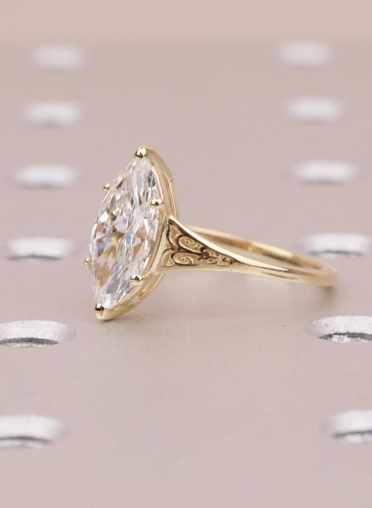 Victorian Marquise Moissanite Engagement Ring, 14K Yellow Gold Filigree Wedding Ring, Vintage Heirloom Bridal Ring, Art Deco Antique Ring image #9