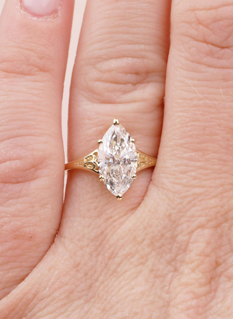 Victorian Marquise Moissanite Engagement Ring, 14K Yellow Gold Filigree Wedding Ring, Vintage Heirloom Bridal Ring, Art Deco Antique Ring image #15
