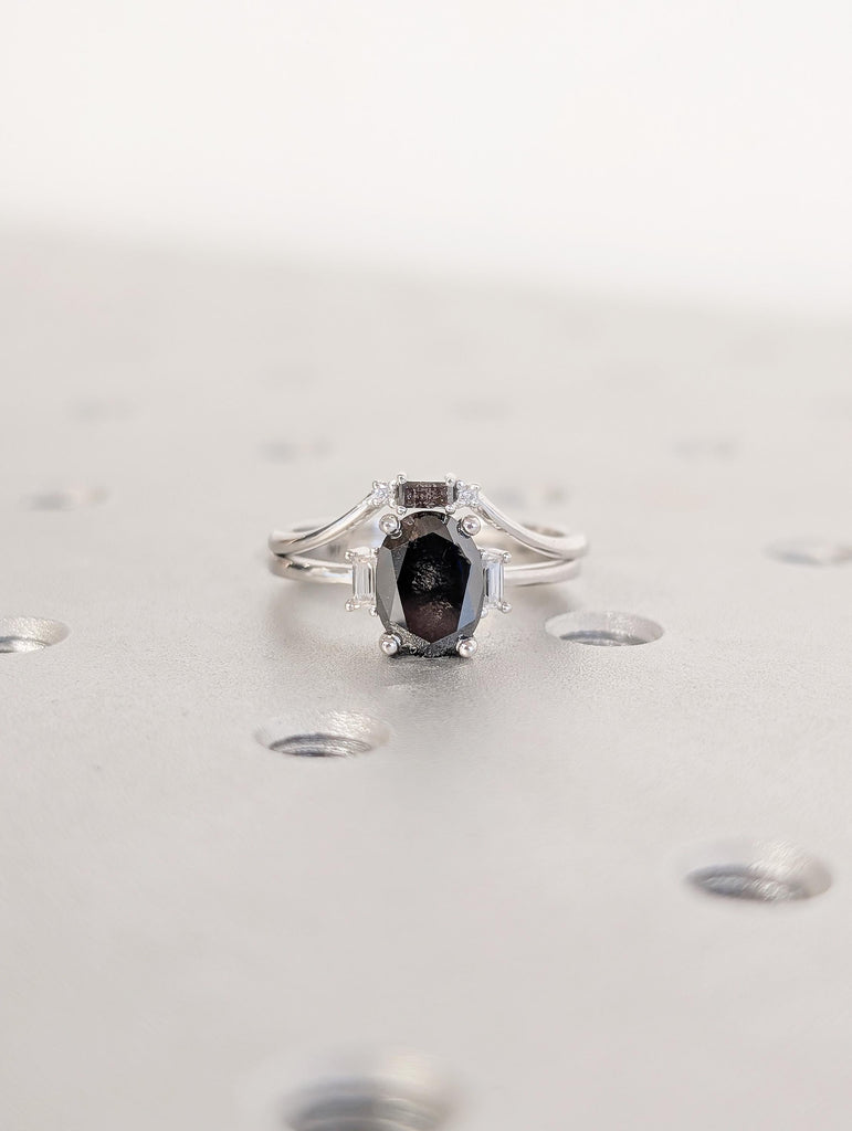 Oval Salt and Pepper Diamond Engagement Ring Set with Round & Baguette Diamonds image #2