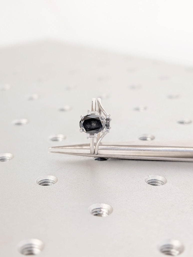 Oval Salt and Pepper Diamond Engagement Ring Set with Round & Baguette Diamonds image #11