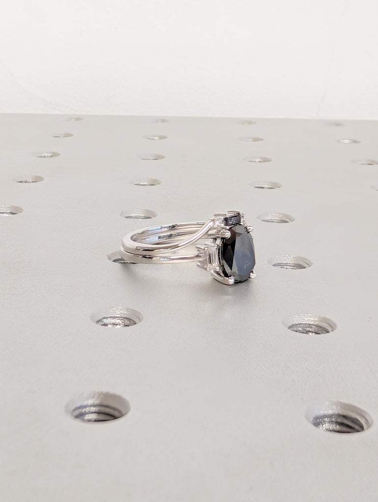 Oval Salt and Pepper Diamond Engagement Ring Set with Round & Baguette Diamonds image #4