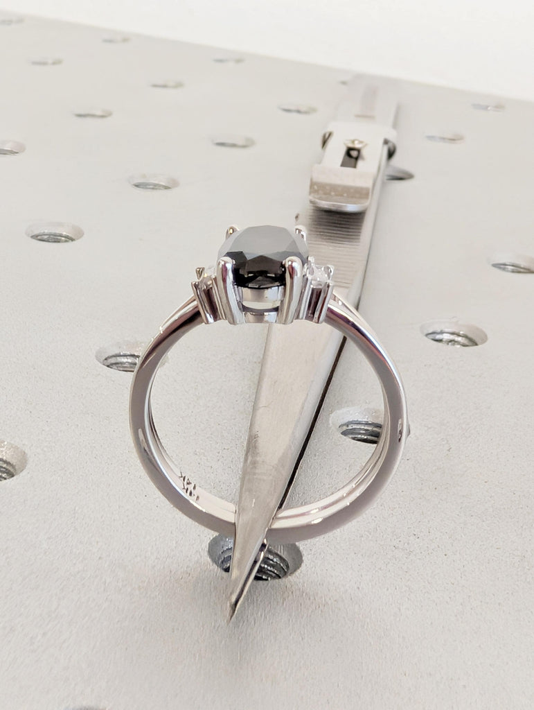 Oval Salt and Pepper Diamond Engagement Ring Set with Round & Baguette Diamonds image #6
