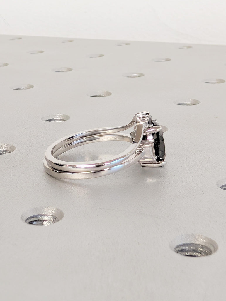 14k Gold Wedding Ring Set Women, Dainty Engagement Ring, Oval Salt and Pepper Diamond Ring with Baguette Moissanite, Art Deco Promise Rings image #13