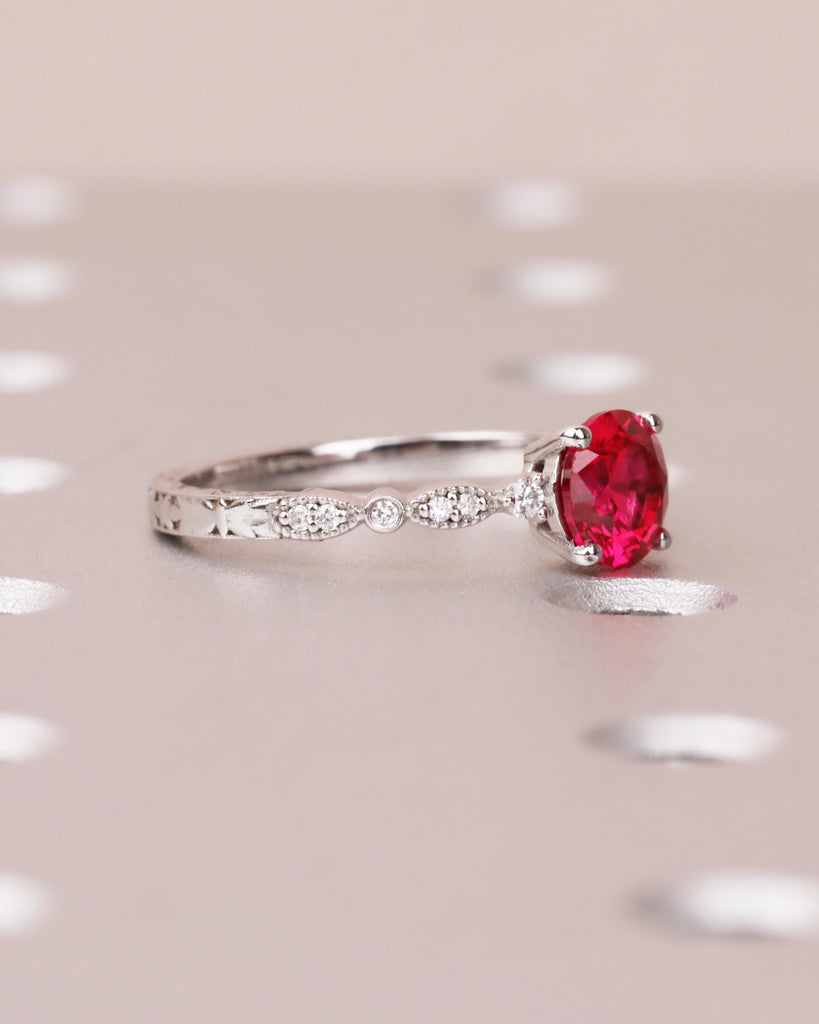 Vintage Ruby Engagement Ring, Round Cut Lab Ruby Solitaire with Side Diamonds or Moissanites, Milgrain Design, 14K White Gold