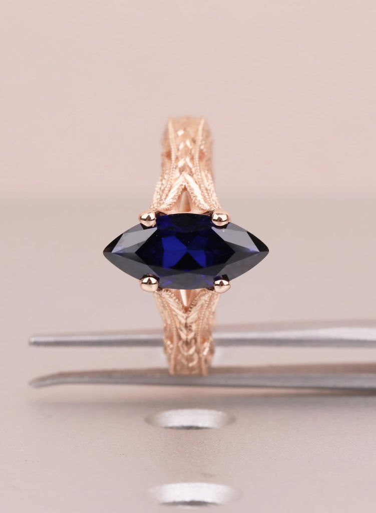 Blue Sapphire Marquise Engagement Ring, Custom Made Solid Gold Wedding Promise Vintage Ring, Hand Engraved Ring, Milgrain Birthstone Jewelry image #8