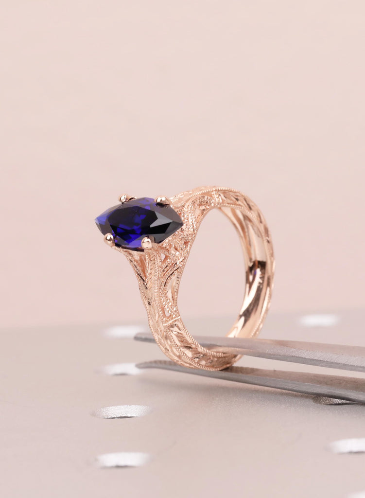 Blue Sapphire Marquise Engagement Ring, Custom Made Solid Gold Wedding Promise Vintage Ring, Hand Engraved Ring, Milgrain Birthstone Jewelry image #14