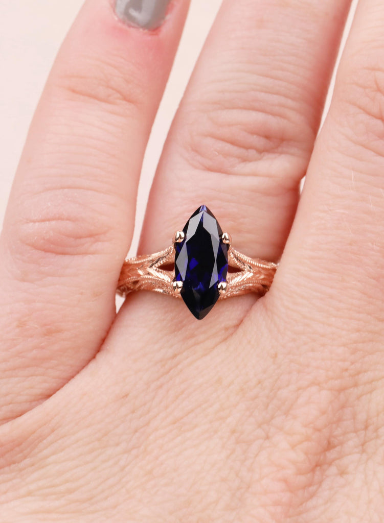 Blue Sapphire Marquise Engagement Ring, Custom Made Solid Gold Wedding Promise Vintage Ring, Hand Engraved Ring, Milgrain Birthstone Jewelry image #7
