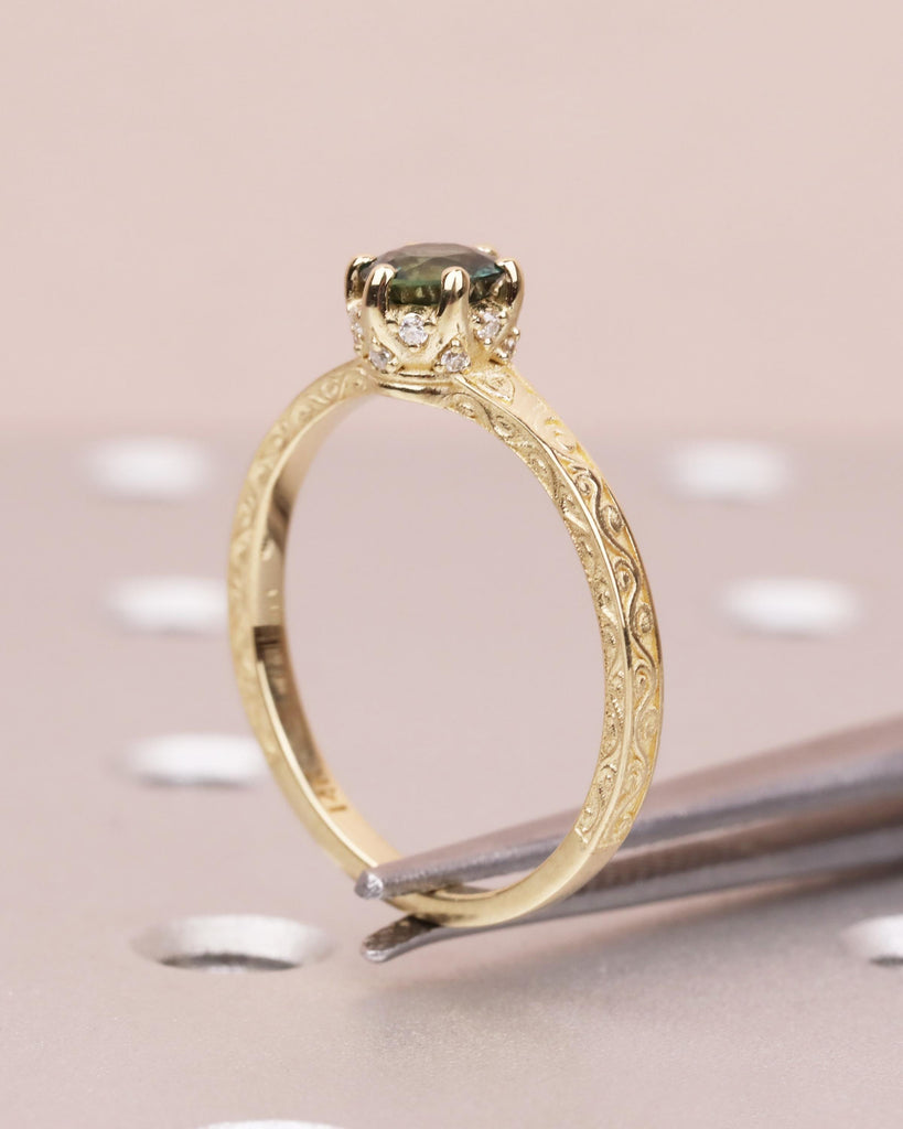 Peacock Green Sapphire Engagement Ring: 0.5CT Round Cut Teal Sapphire, Hidden Halo, Filigree, Solid Gold, Anniversary Gift image #4
