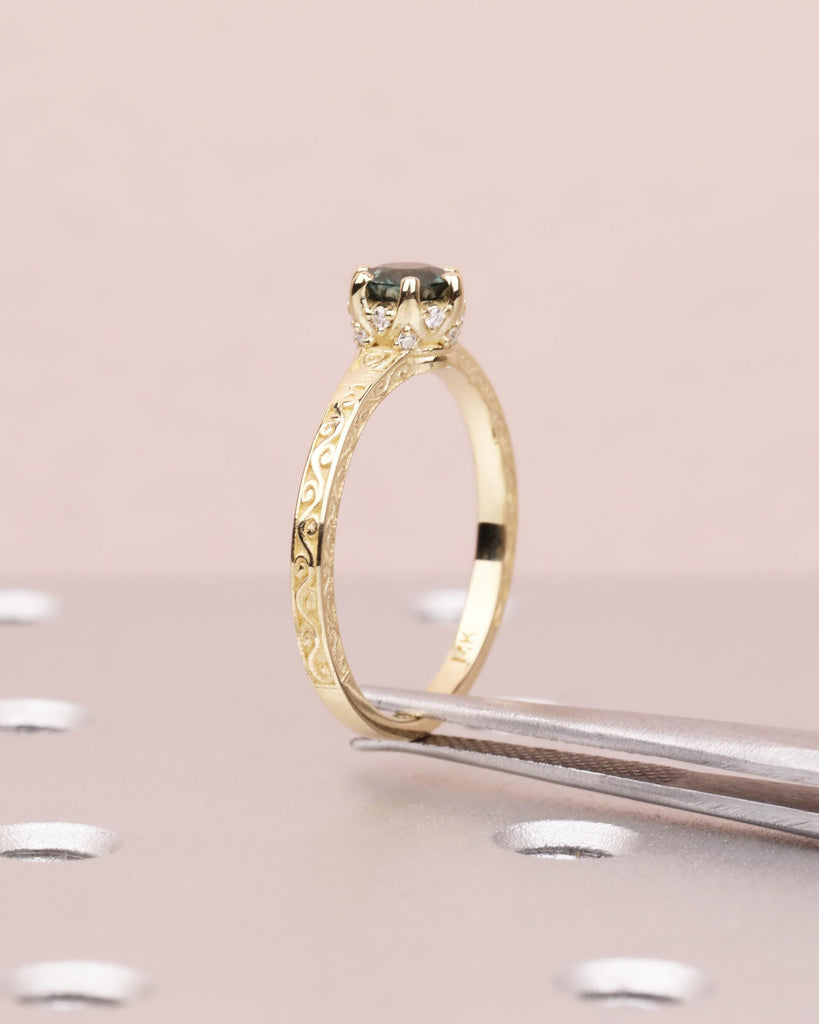 Vintage Engagement Ring, Peacock Sapphire Engagement Ring, Art Deco Hidden Halo Ring, Prong Set Anniversary Unique Ring Hand Carved Filigree image #5