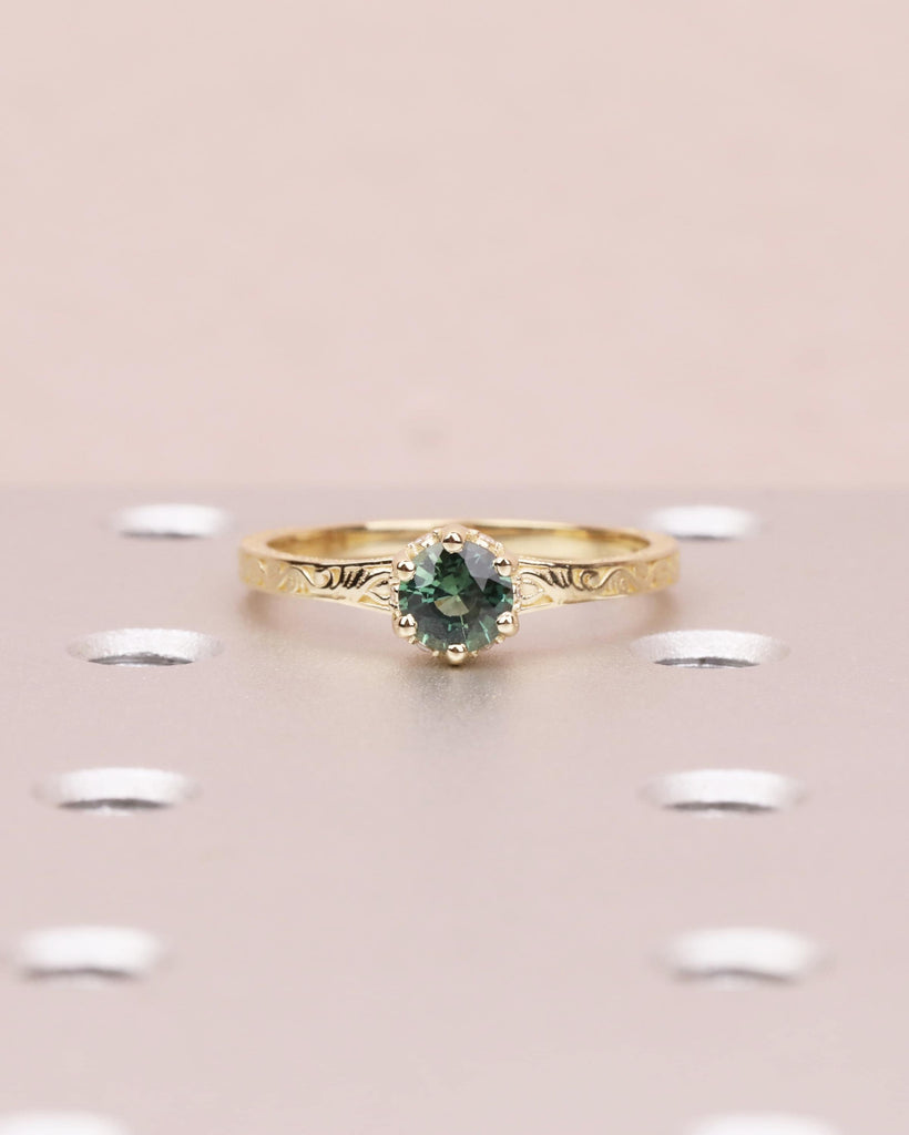 Vintage Engagement Ring, Peacock Sapphire Engagement Ring, Art Deco Hidden Halo Ring, Prong Set Anniversary Unique Ring Hand Carved Filigree