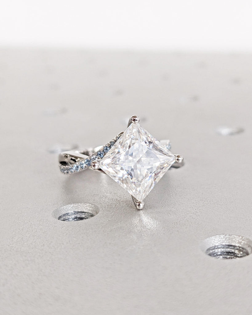Solitaire Princess Cut Moissanite Engagement Ring, Hidden Halo Ring, Aquamarine Pave Side Stones, Vintage Infinity Twist Band, Promise Ring