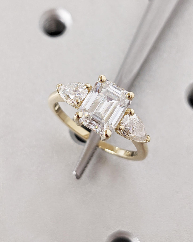 Emerald Cut Lab Grown Diamond Ring, Three Stone Engagement Ring, 14K Solid Yellow Gold image #9