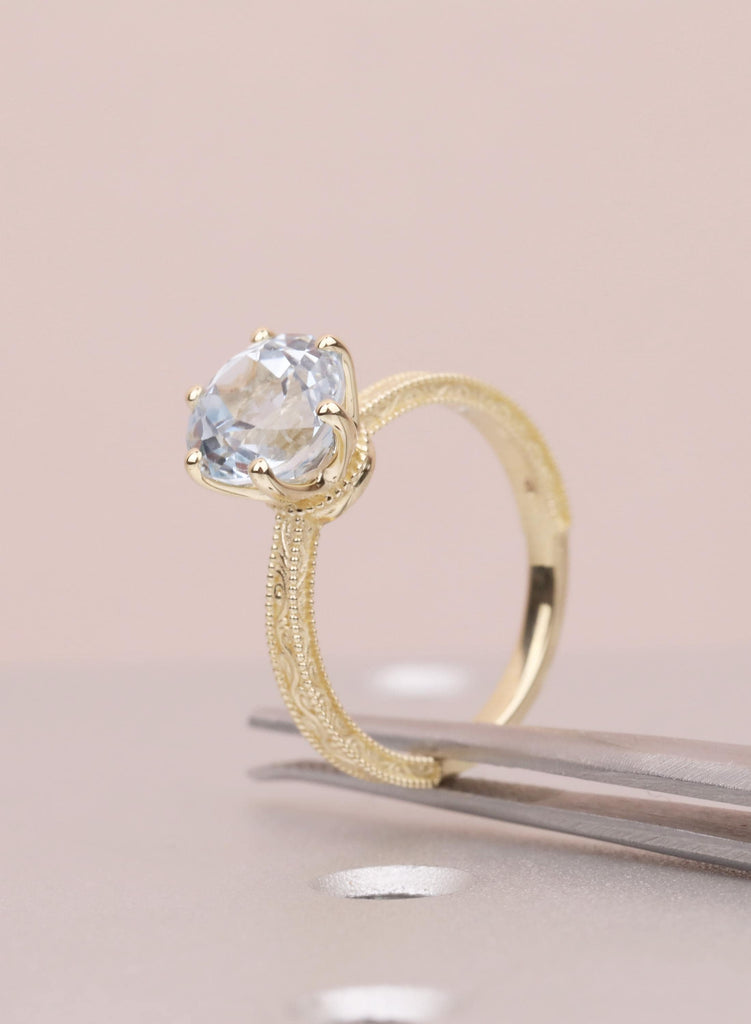 Vintage Aquamarine Engagement Ring, Engraved 14k/18K Gold Art Deco Milgrain Band, Unique Light Blue Gemstone Ring For Her Birthstone Jewelry