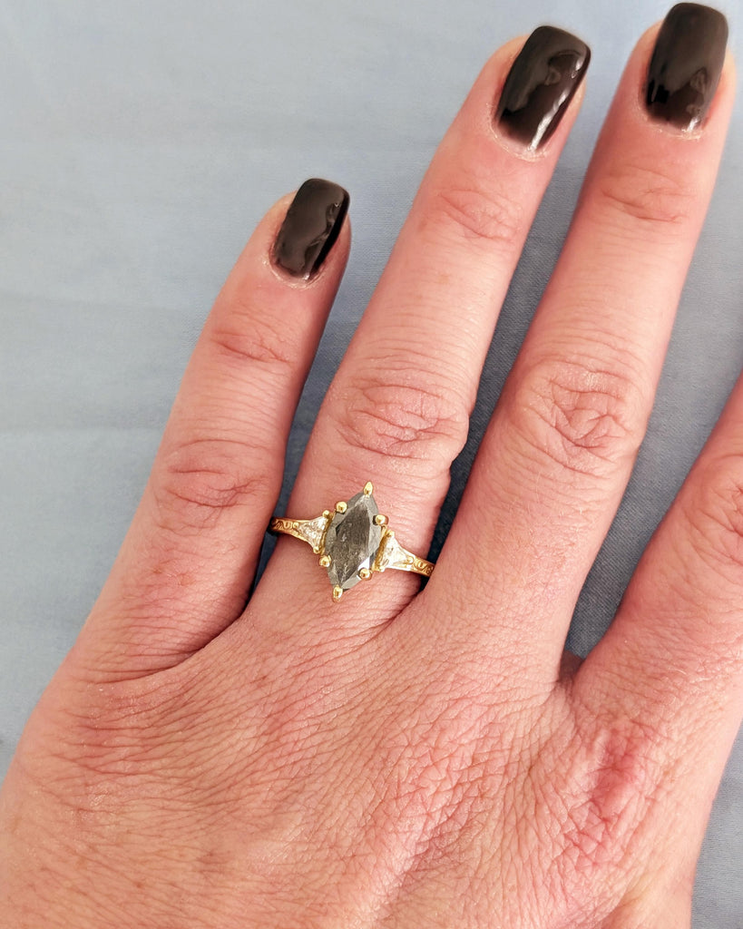 Vintage Filigree Marquise and Triangle Cut Diamond Ring, Solid 14K Yellow Gold Art Deco Engagement Wedding Ring for Women, Anniversary Ring image #10