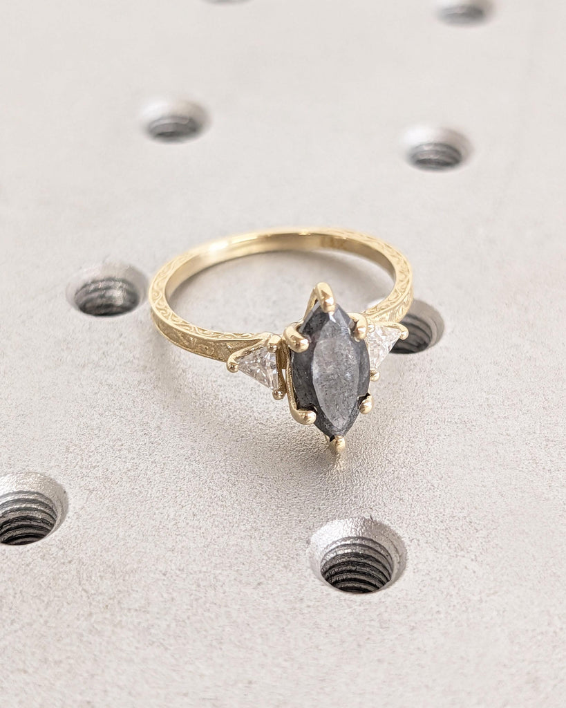 Vintage Filigree Marquise and Triangle Cut Diamond Ring, Solid 14K Yellow Gold Art Deco Engagement Wedding Ring for Women, Anniversary Ring image #4